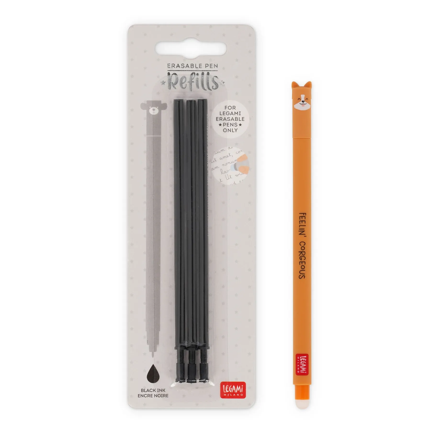 Legami Erasables Stifte Nachfüllminen|Löschbare Stifte*Set Löschbarer Stift Corgi mit schwarzer Ersatzmine