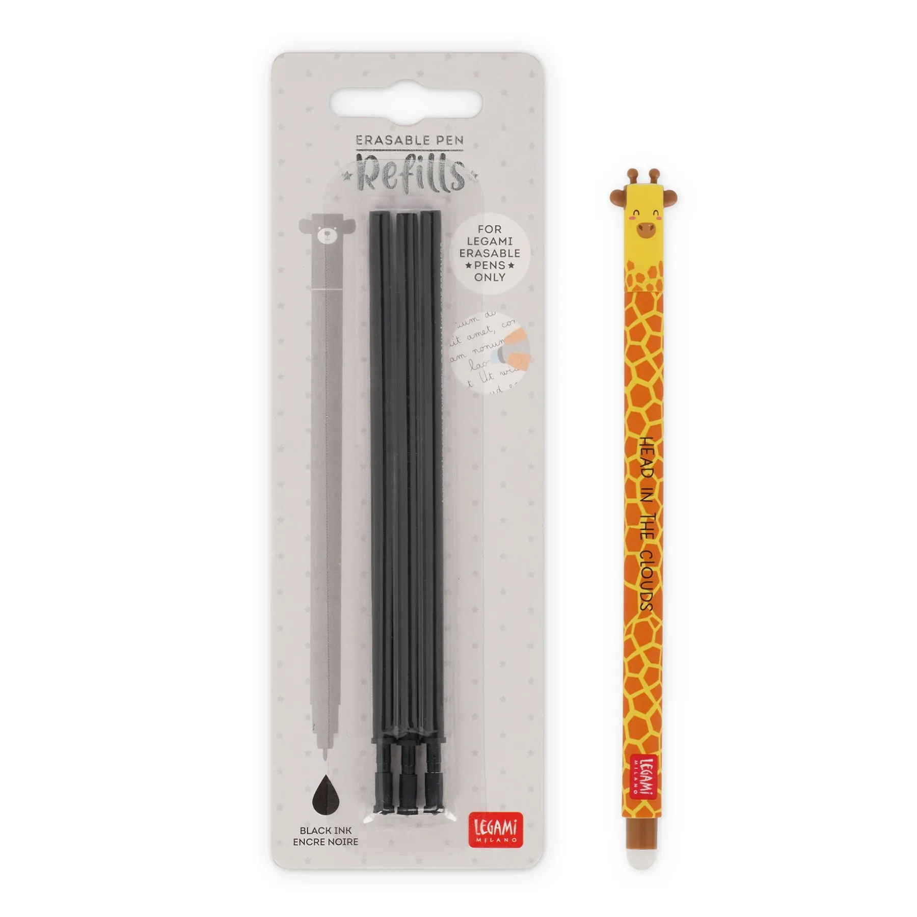 Legami Löschbare Stifte|Erasables Stifte Nachfüllminen*Set Löschbarer Stift Giraffe mit schwarzer Ersatzmine