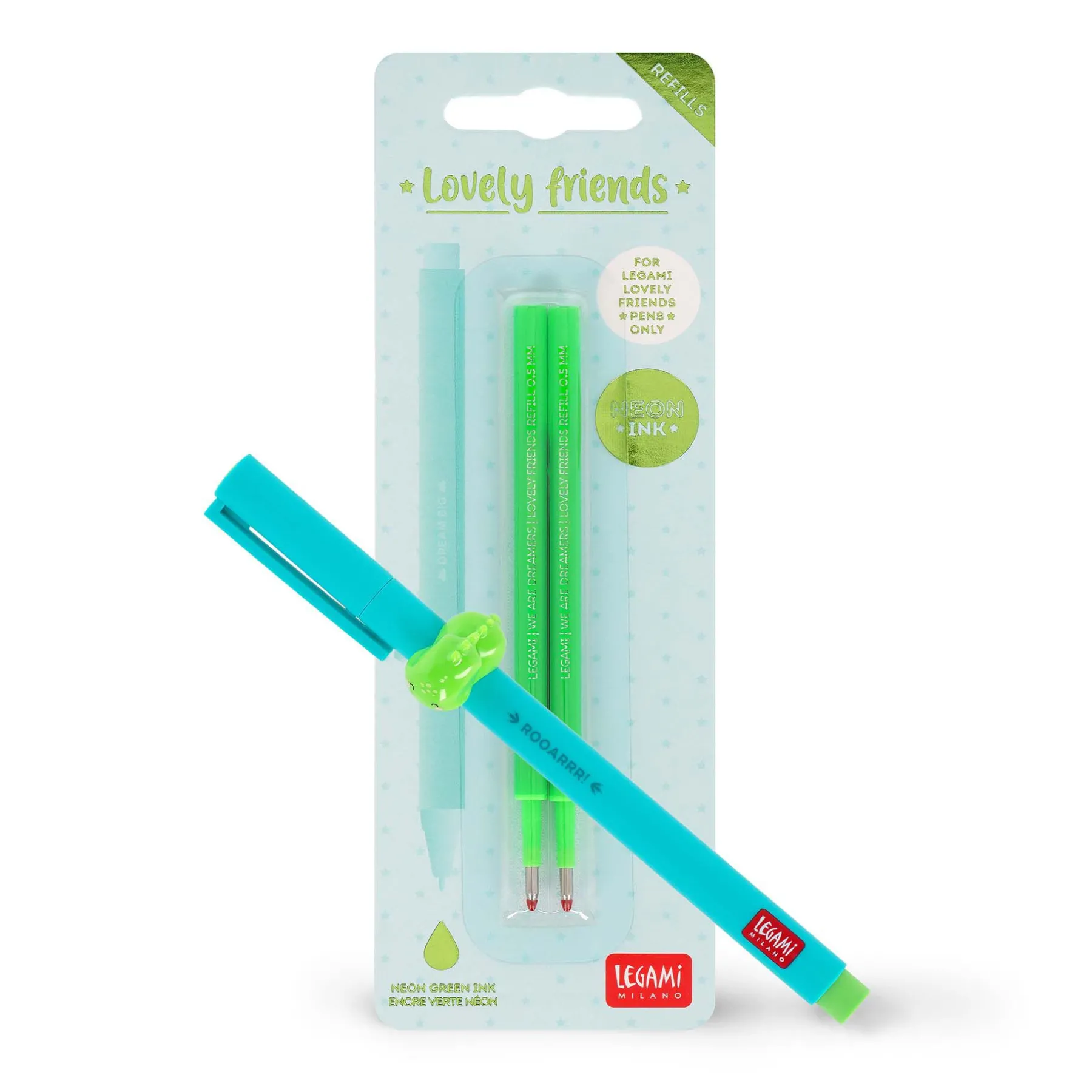 Legami Gelstifte Nachfüllminen Lovely Friends|Kugelschreiber Und Gelstifte*Set Stift Lovely Dino mit Neongrüner Ersatzmine